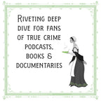 Vintage-style illustration of a woman holding a teacup with text about true crime content.