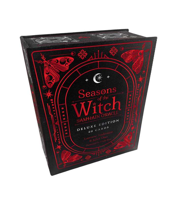 The Seasons of the Witch Samhain Oracle Deluxe Edition card deck box, featuring a black background with intricate red occult illustrations and text, shown on a plain white background.