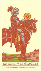 Vintage-style illustration of a knight on horseback with a pentacle symbol, set against a plain background.