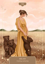 Woman in a yellow dress with three bears in a scenic setting, labeled 'Bear' for healing and nurturing.