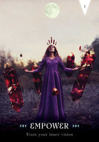 Woman in a purple dress with outstretched arms in a field under a moonlit sky, with the word 'EMPOWER' displayed.