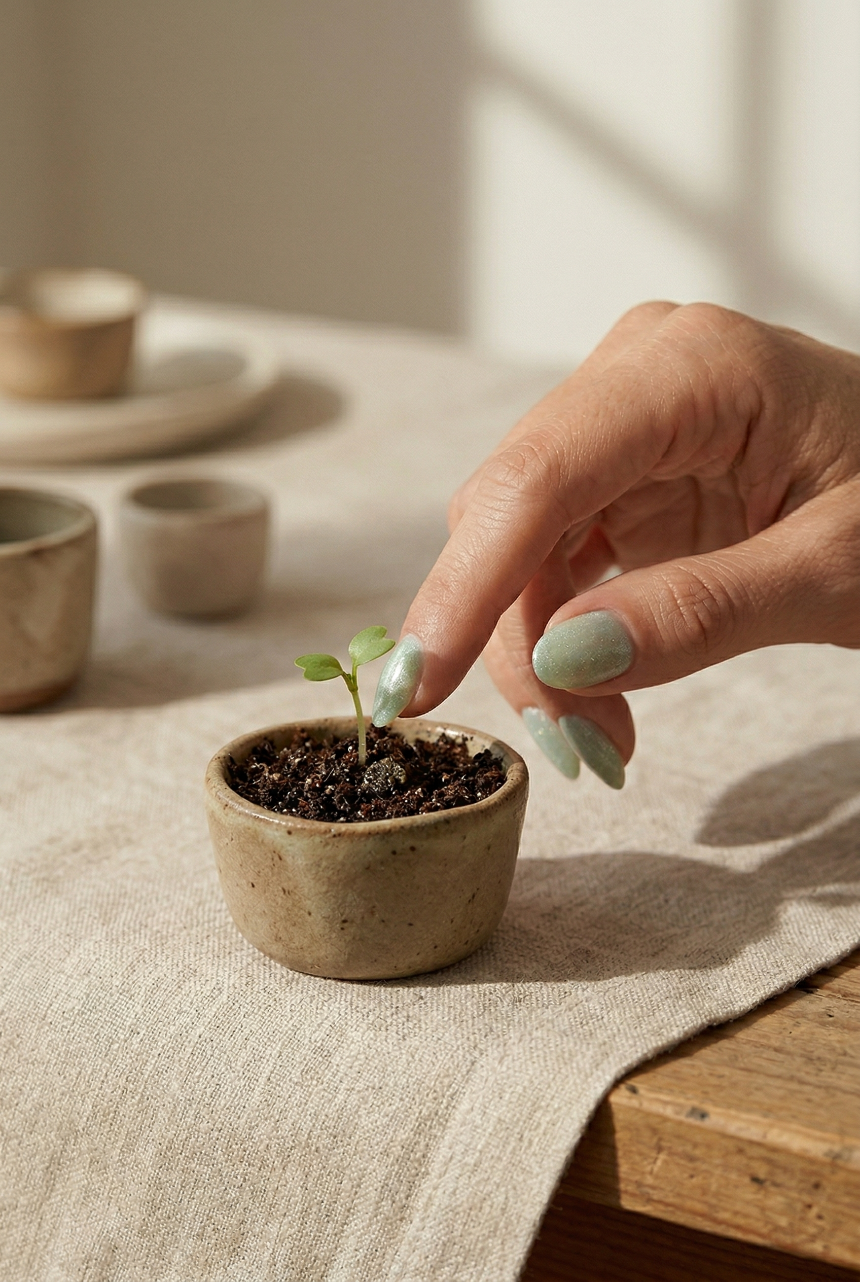 Hand placing a small plant into a pot on a textured surface