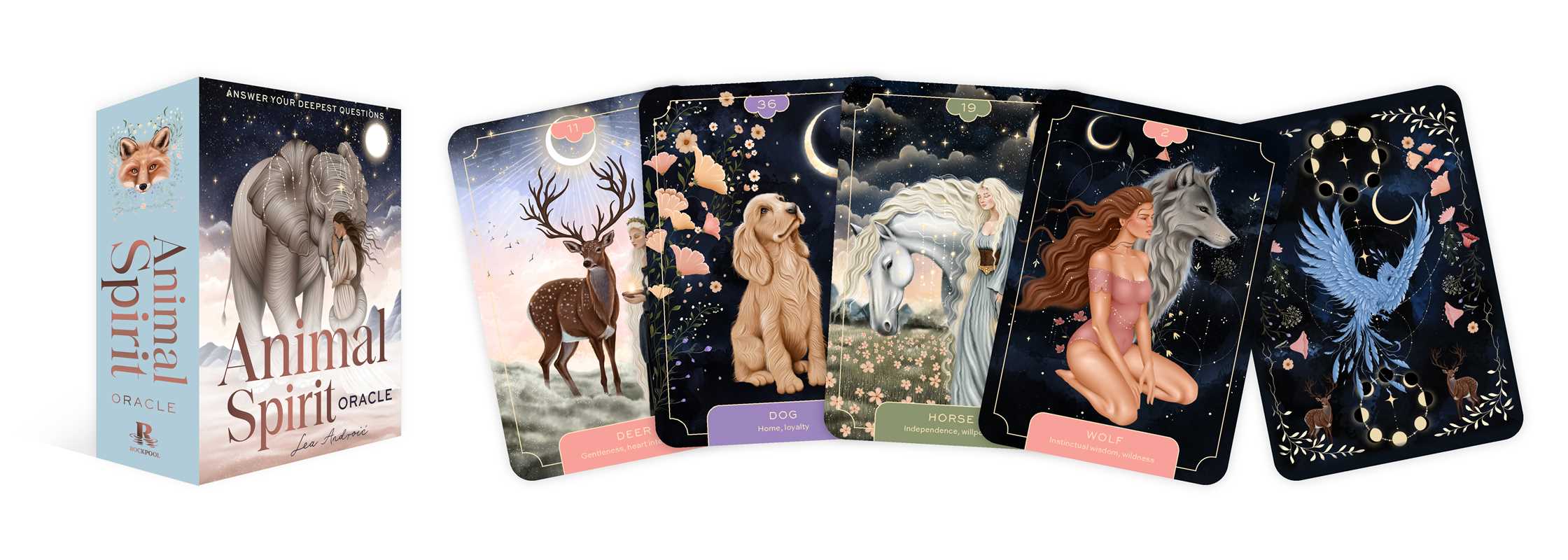 Set of tarot cards with animal illustrations and a box labeled 'Animal Spirit Cards' on a white background.