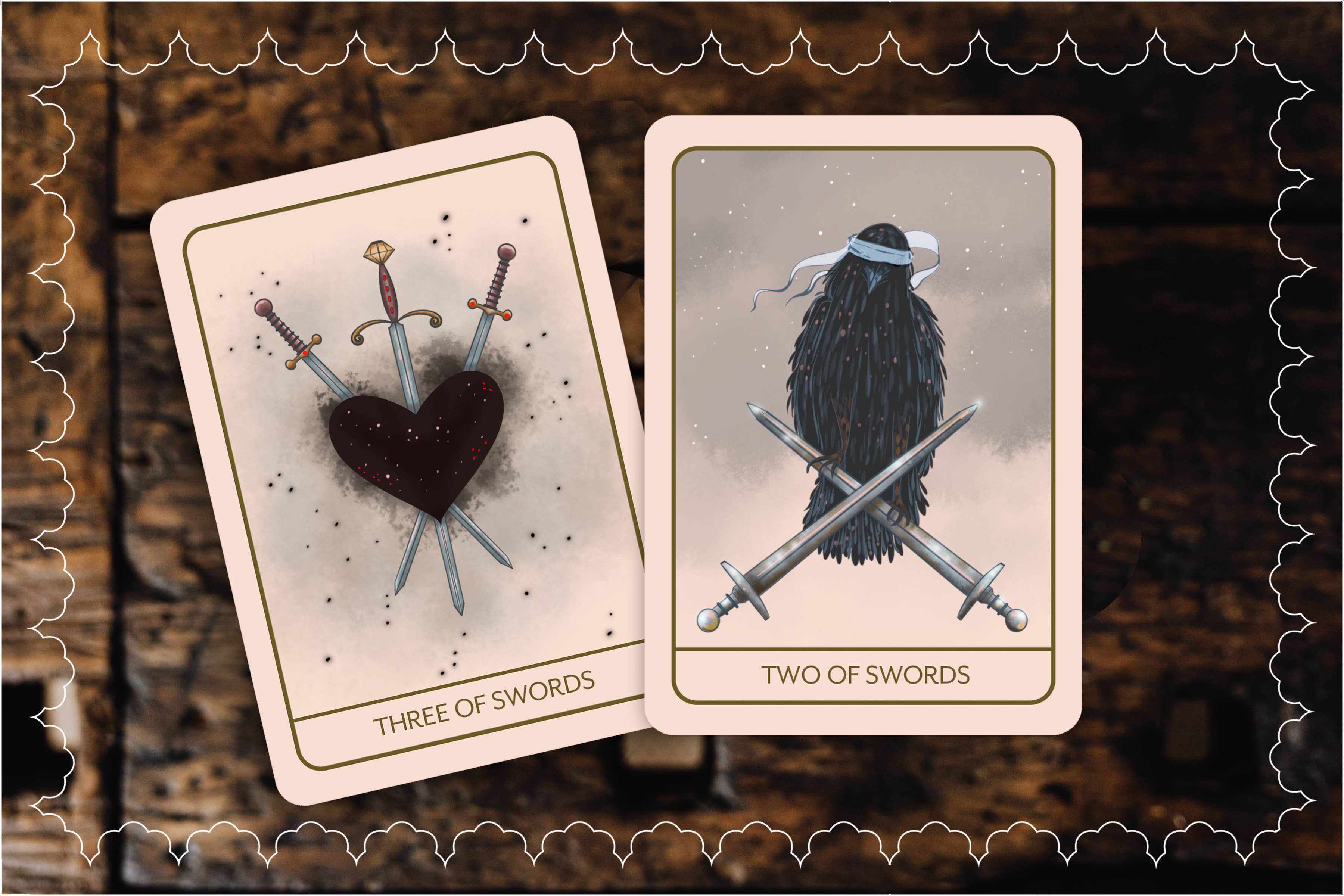 Two illustrated tarot-style cards, labeled 'THREE OF SWORDS' and 'TWO OF SWORDS,' shown overlapping against a dark wood background with a decorative scalloped border.