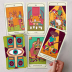 Colorful tarot cards with artistic illustrations on a light gray background