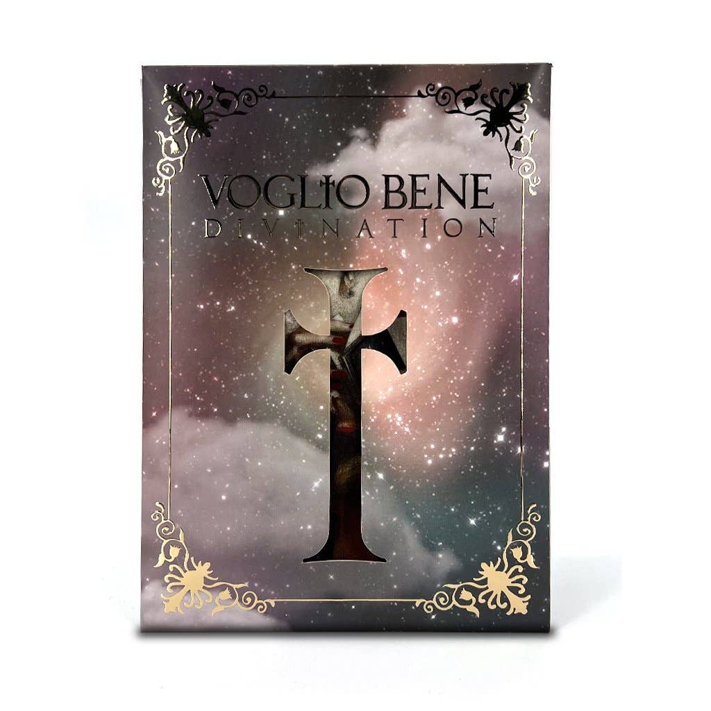 Product packaging with a cross design and 'Voglio Bene Divination' text on a starry background.
