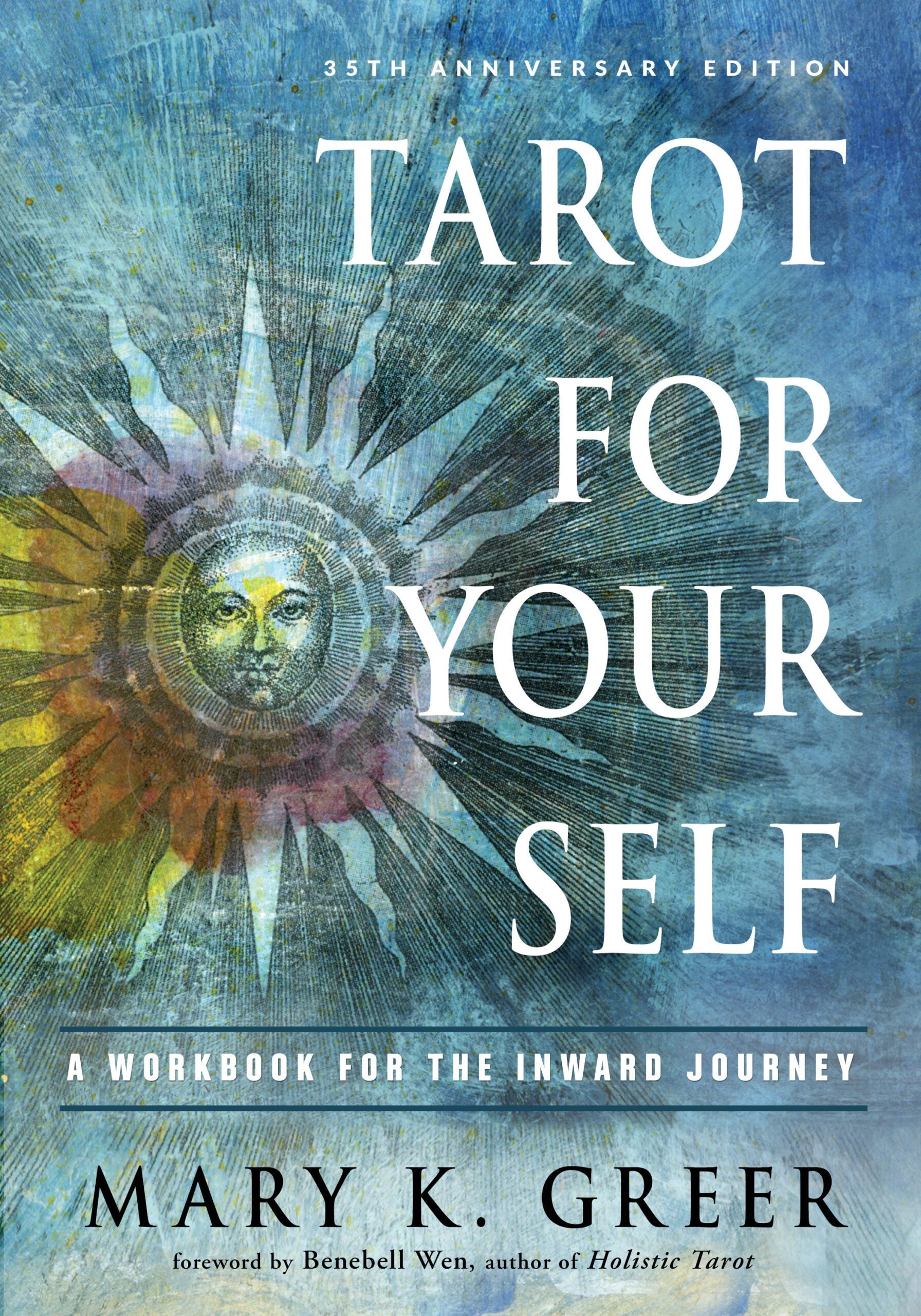 Book cover of 'Tarot for Your Self' with a stylized sun and face design on a blue background.