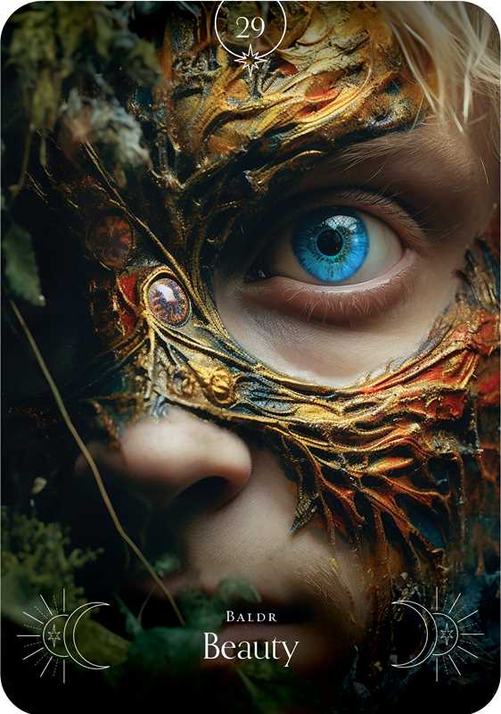 Close-up of a person wearing an ornate mask with a blue eye, surrounded by foliage.