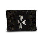 Black pouch with white cross design on a white background