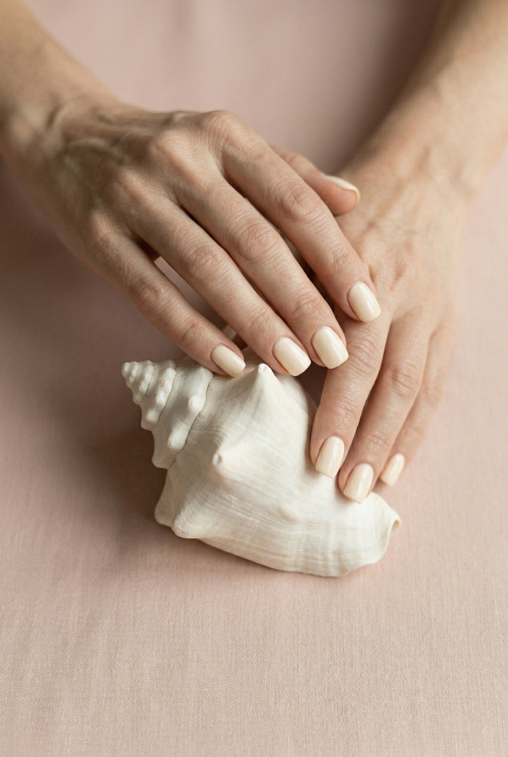 Hands with light nail polish holding a seashell on a soft pink background