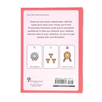Back cover of a tarot card deck with illustrations and text on a white background