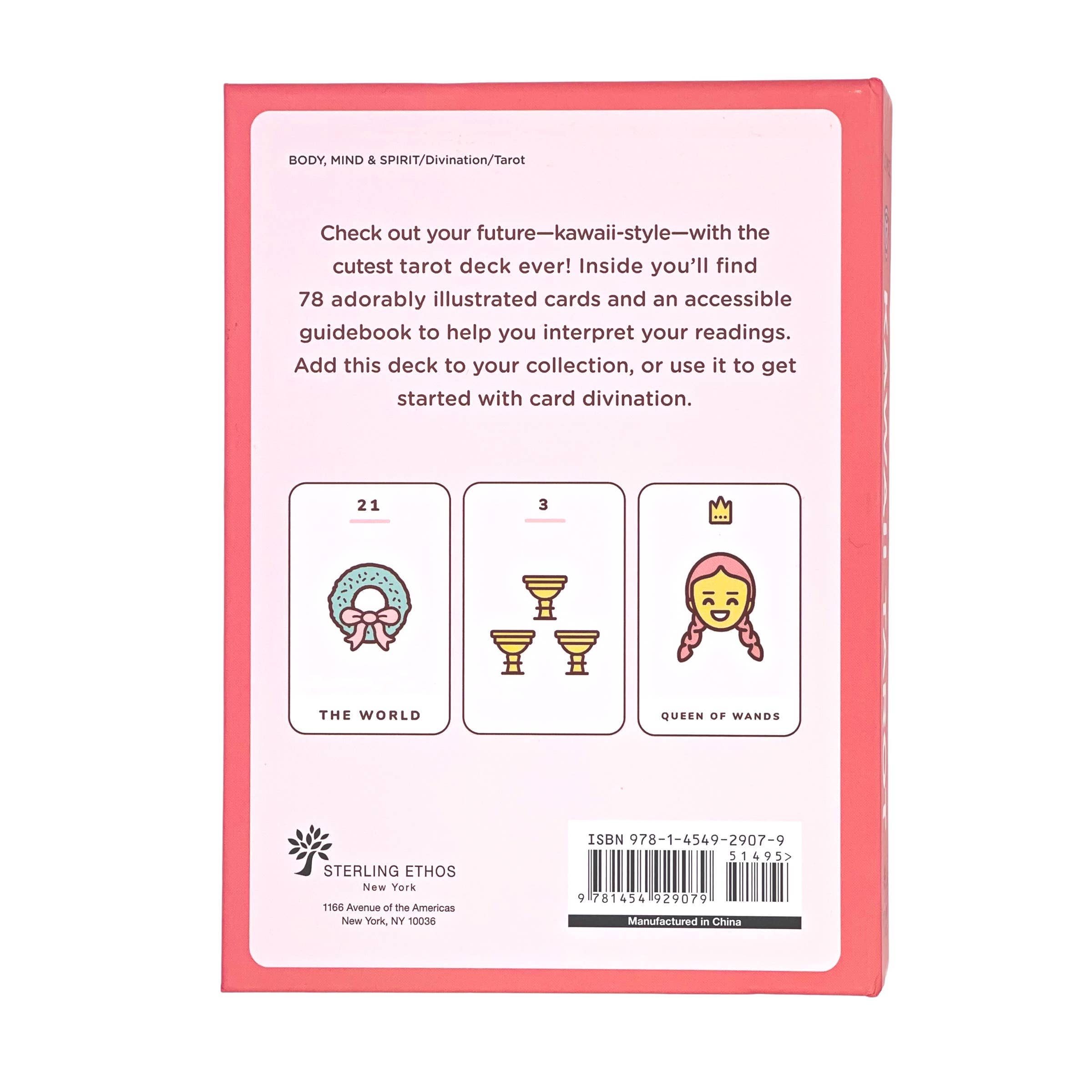 Back cover of a tarot card deck with illustrations and text on a white background