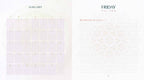 A minimalist January 1st planner spread with a pale lavender calendar grid on the left and lined writing space on the right, titled January and Friday 1st Jan, on a white background with faint decorative patterns.