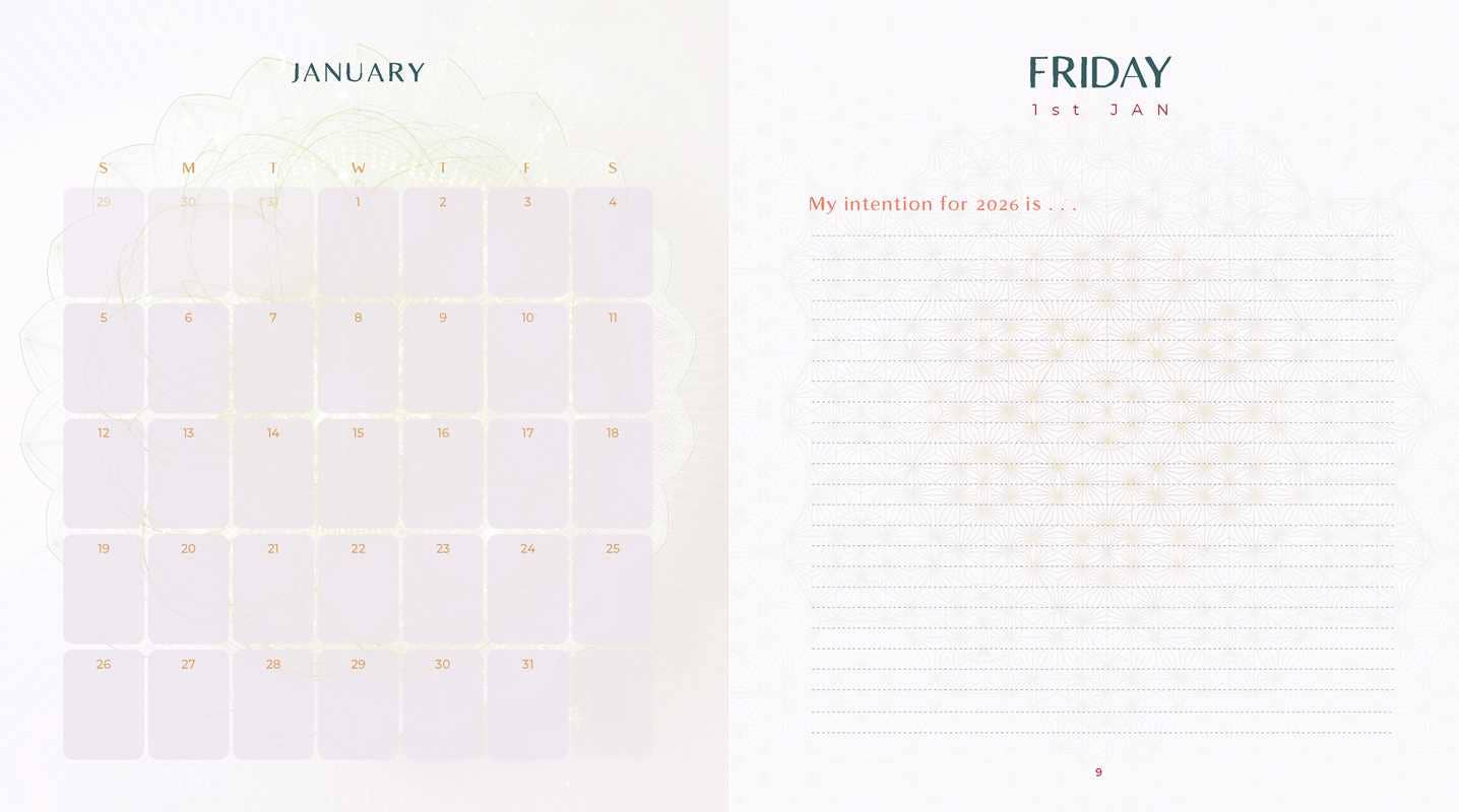 A minimalist January 1st planner spread with a pale lavender calendar grid on the left and lined writing space on the right, titled January and Friday 1st Jan, on a white background with faint decorative patterns.