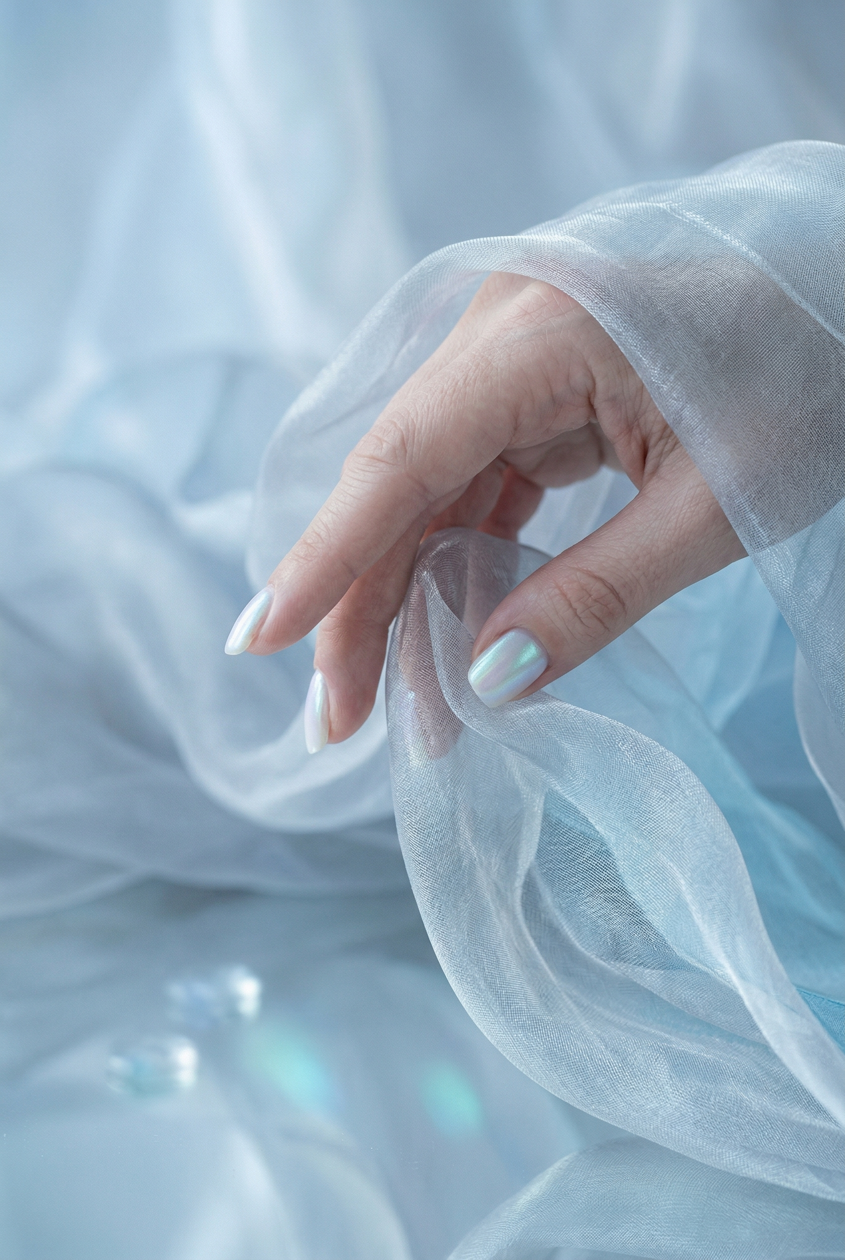 Hand with light blue nail polish holding sheer white fabric against a soft blue background