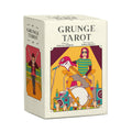 Grunge Tarot card box with colorful illustration of a person playing guitar and drums on a white background