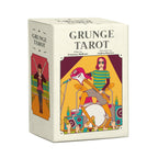 Grunge Tarot card box with colorful illustration of a person playing guitar and drums on a white background