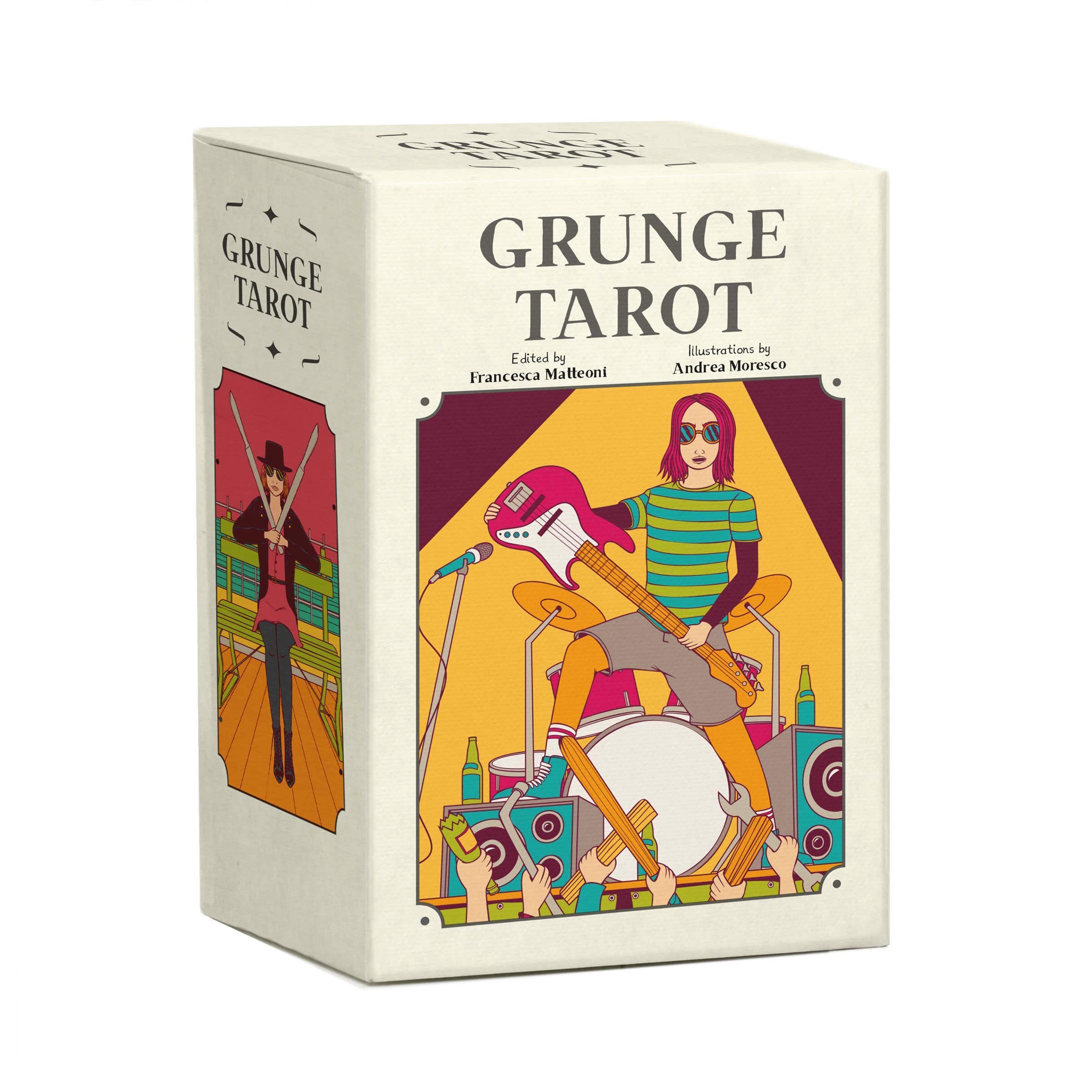 Grunge Tarot card box with colorful illustration of a person playing guitar and drums on a white background