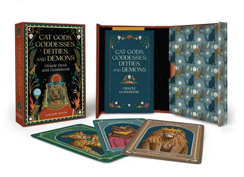 Cat-themed oracle deck with cards, guidebook, and box on a white background