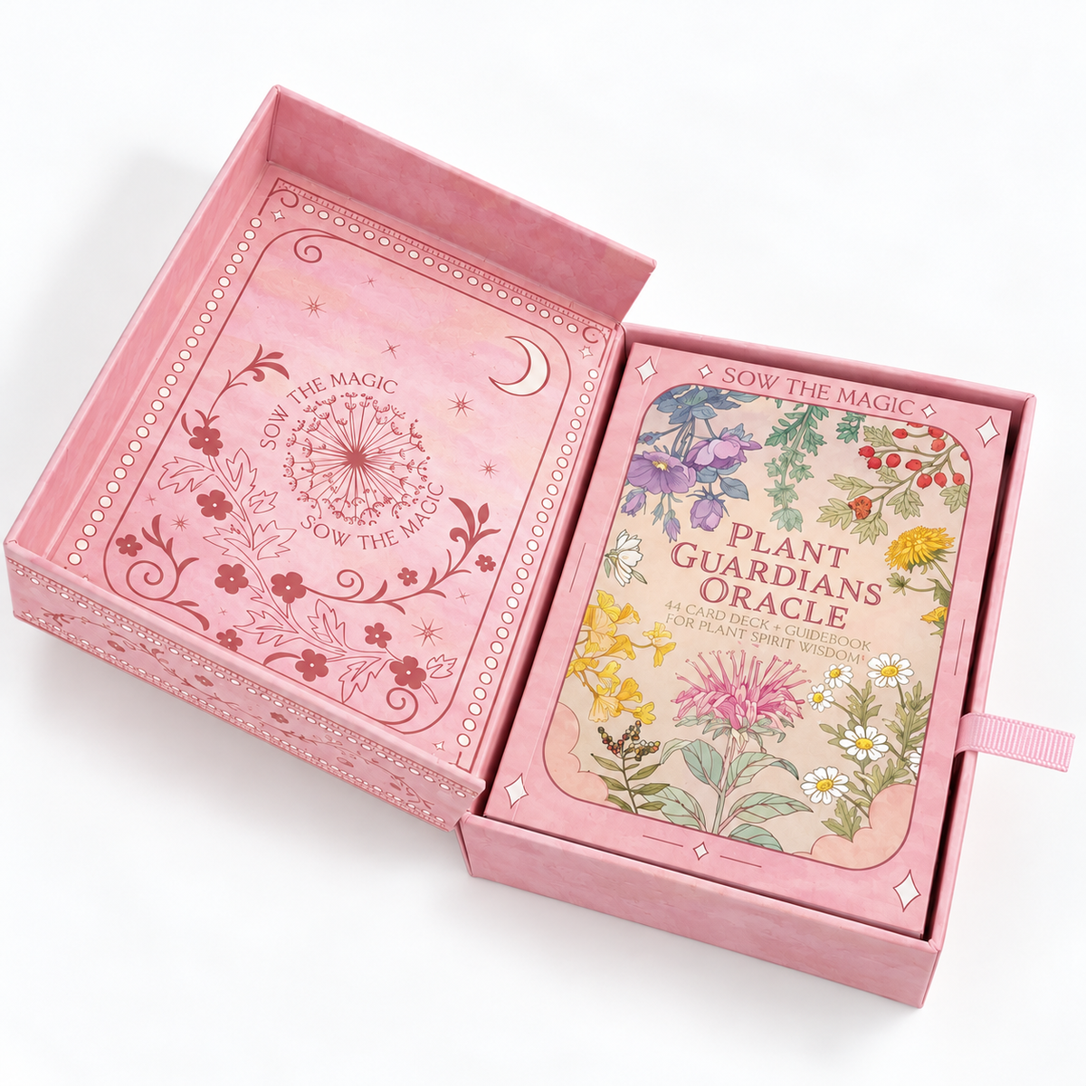 The Plant Guardians Oracle card deck in its pink decorative box, shown open with the card deck inside and the back of the box visible on a white background.