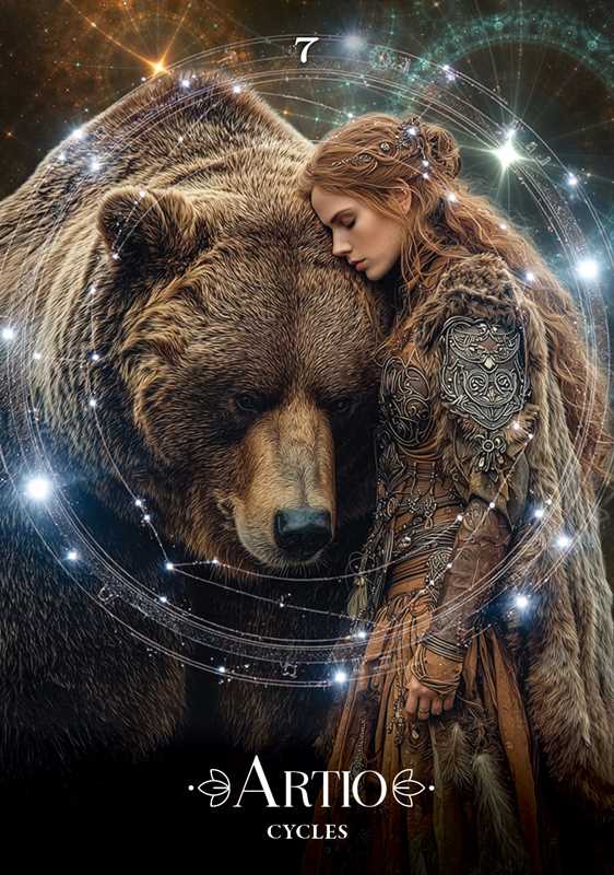 Fantasy poster artwork featuring a woman in ornate brown and silver armor resting her head on a large brown bear, surrounded by glowing circular starlight effects. The text 'Artio Cycles' appears at the bottom.