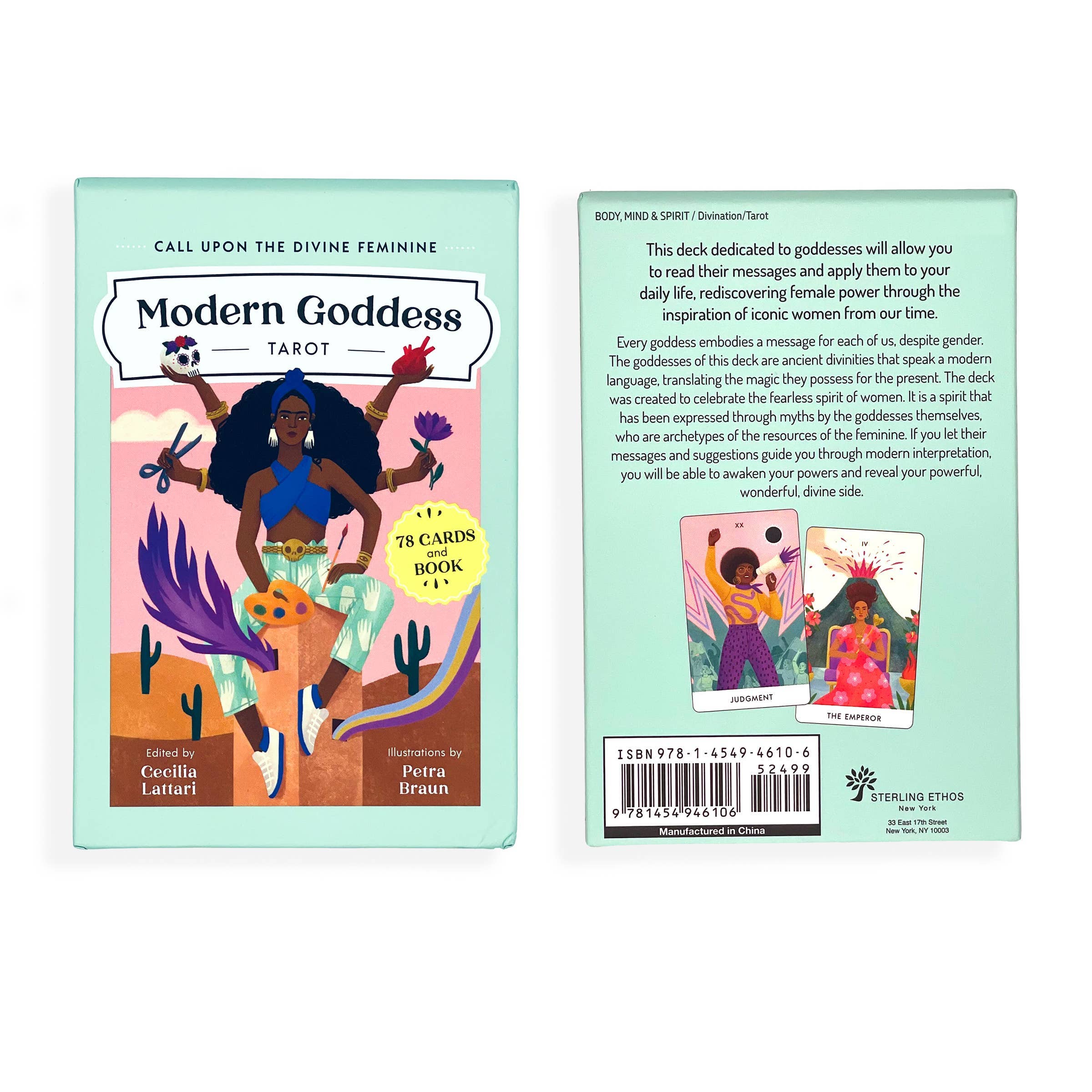Modern Goddess Tarot book with colorful illustrations on a white background
