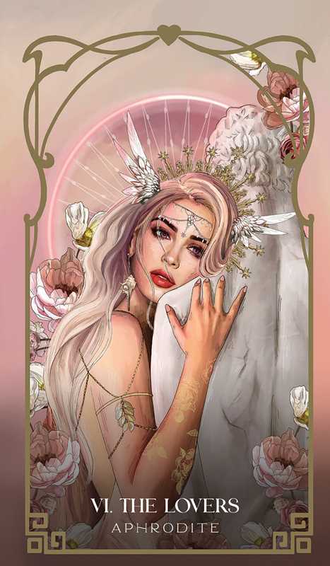 Illustration of a woman with long hair and a white dress, surrounded by floral elements and text 'VI. THE LOVERS' and 'Aphrodite'.