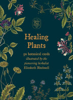 Book cover of 'Healing Plants' with botanical illustrations on a dark blue background