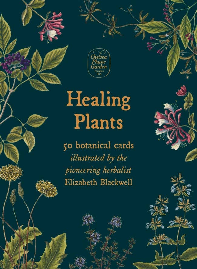 Book cover of 'Healing Plants' with botanical illustrations on a dark blue background
