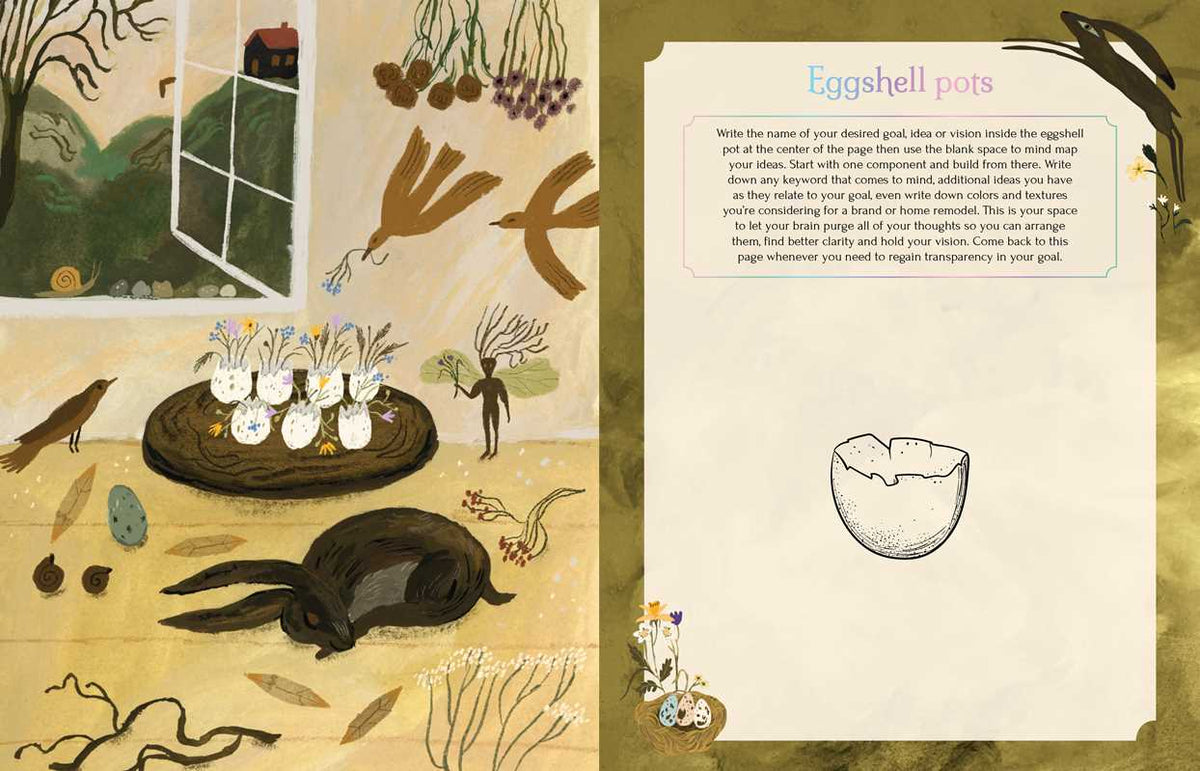 Illustrated book page with a rabbit, eggshell, and text on a gold background
