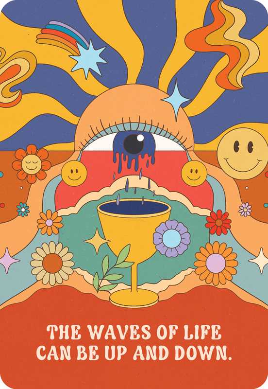 Colorful abstract design with an eye, flowers, and a chalice, featuring the text 'The waves of life can be up and down.'
