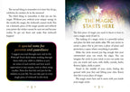 Book page with text and a magical illustration of trees and stars.