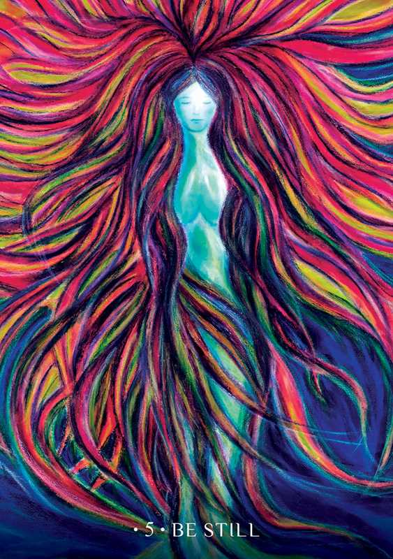 Colorful artwork of a woman with flowing hair and 'Be Still' text at the bottom.