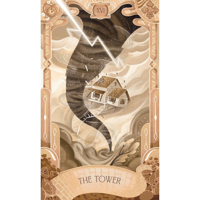 Tarot card titled 'The Tower' with a house on a stormy background