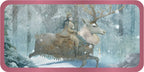 Fairy riding a reindeer in a snowy forest with a pink border