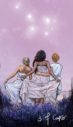 Three women in white dresses standing in a field with a purple starry sky.