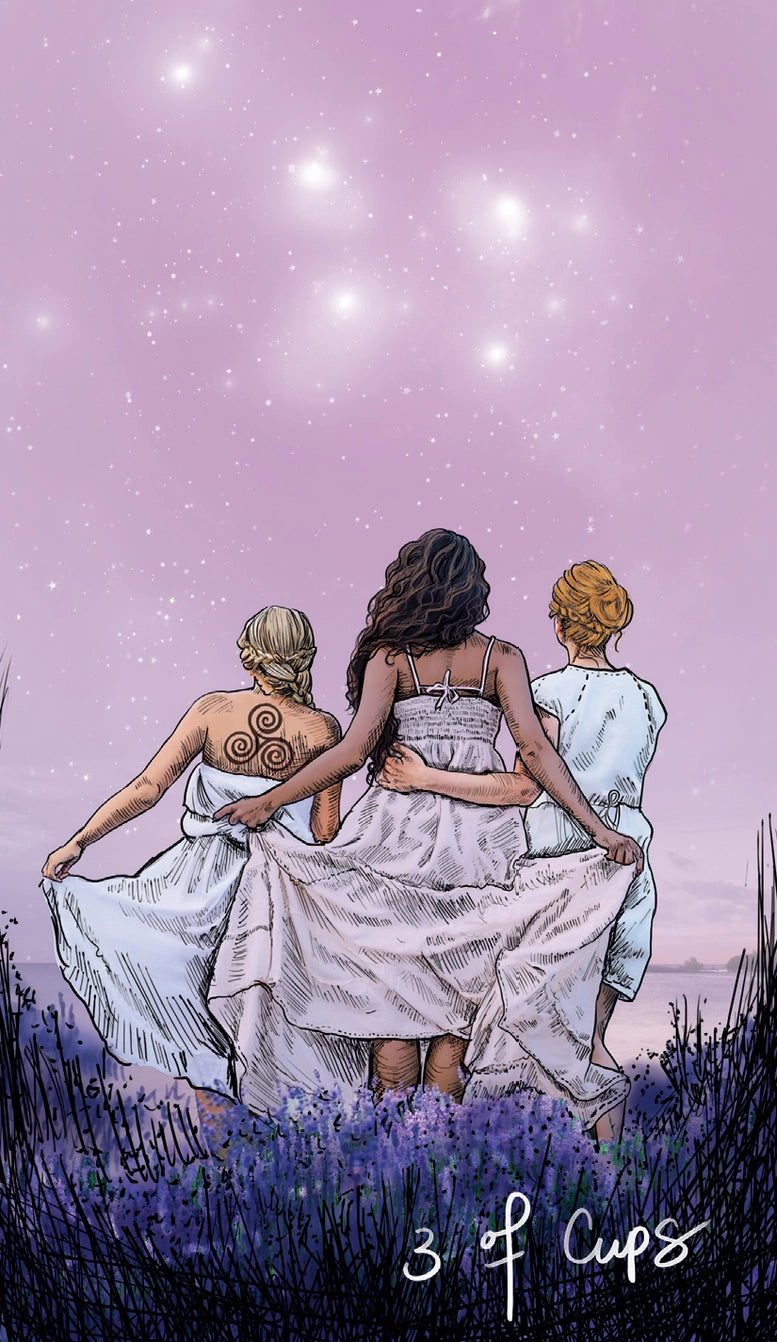 Three women in white dresses standing in a field with a purple starry sky.