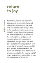 Text on a white background with the title 'return to joy' and a reflective quote about nature memories.