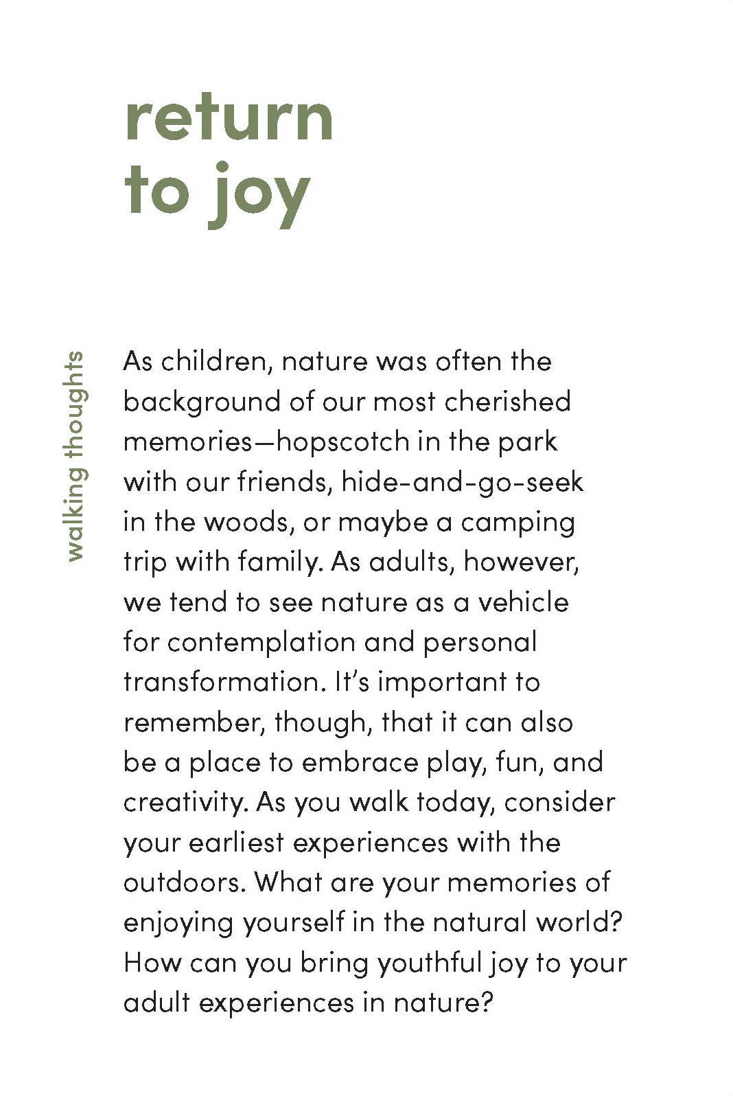 Text on a white background with the title 'return to joy' and a reflective quote about nature memories.