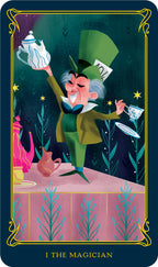 Card featuring a character in a green outfit with a top hat, holding a teapot and a spoon, against a dark background with stars.