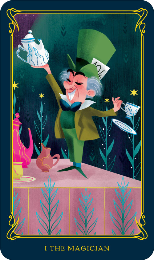 Card featuring a character in a green outfit with a top hat, holding a teapot and a spoon, against a dark background with stars.