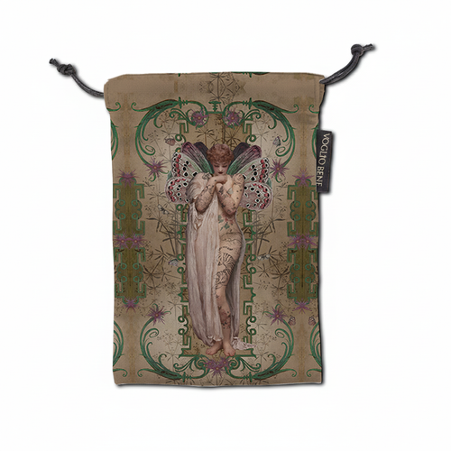 Drawstring pouch with fairy design and decorative patterns on a beige background