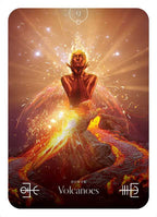 Tarot card with a fiery design and text 'Power Volcanoes' on a dark background