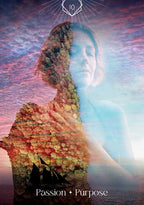 Artistic depiction of a silhouette with nature elements and text 'Passion + Purpose' against a colorful background.