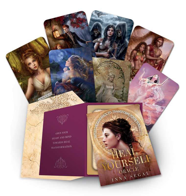 Heal Yourself Oracle cards with a purple booklet on a white background