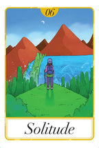 Card titled 'Solitude' with a person standing in a landscape with mountains and a lake.