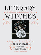 Book cover of 'Literary Witches' with a black and white illustration of a witch.