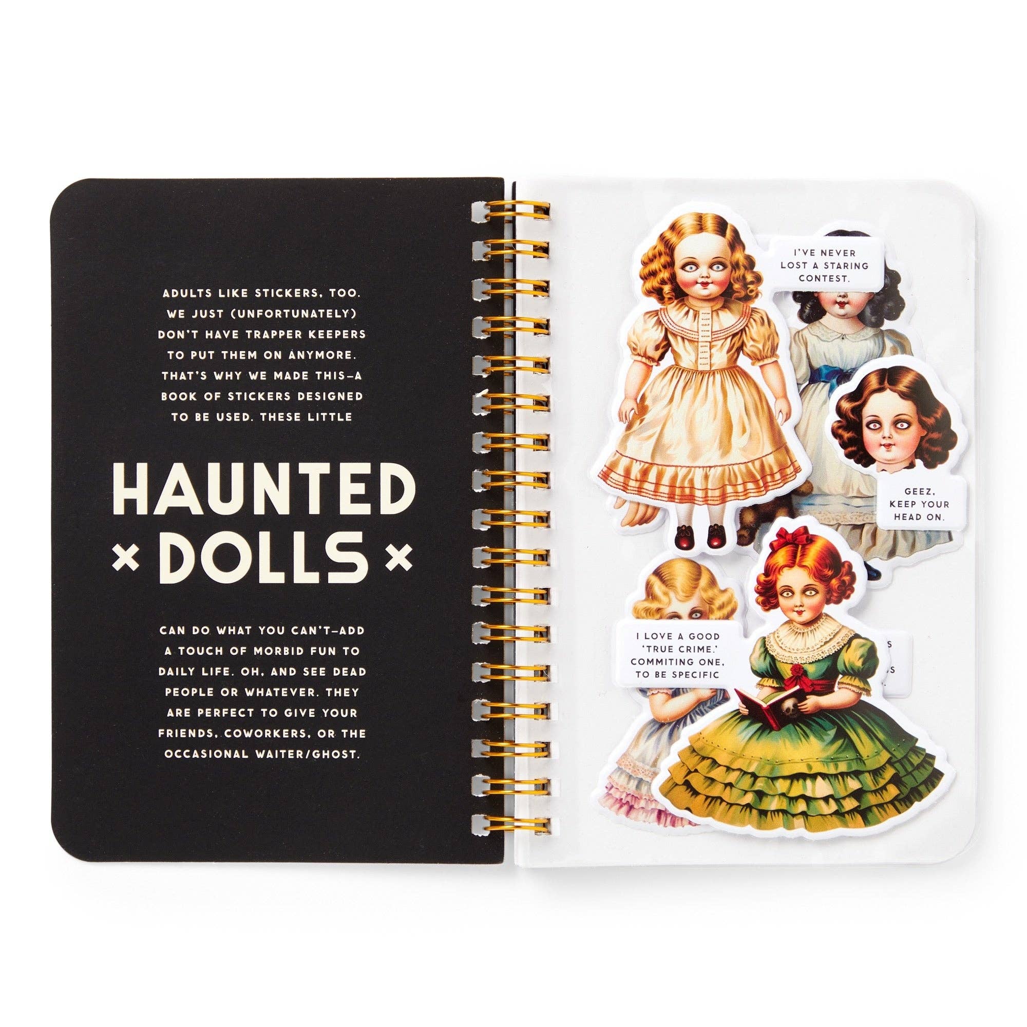 Notebook with 'Haunted Dolls' design on a white background
