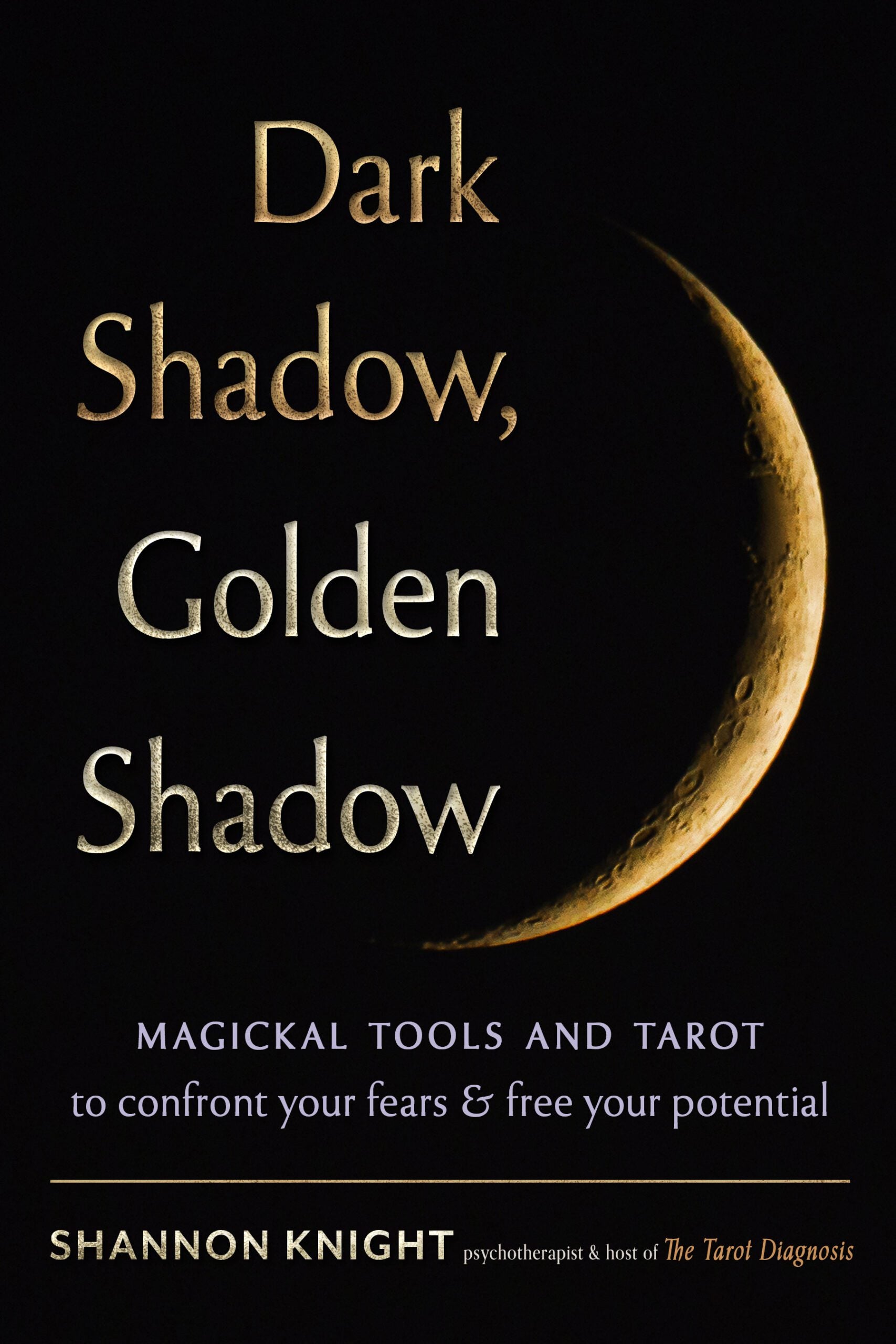 Book cover of 'Dark Shadow, Golden Shadow' with a crescent moon on a black background