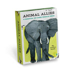 Card deck packaging for 'Animal Allies' with an elephant illustration on a white background